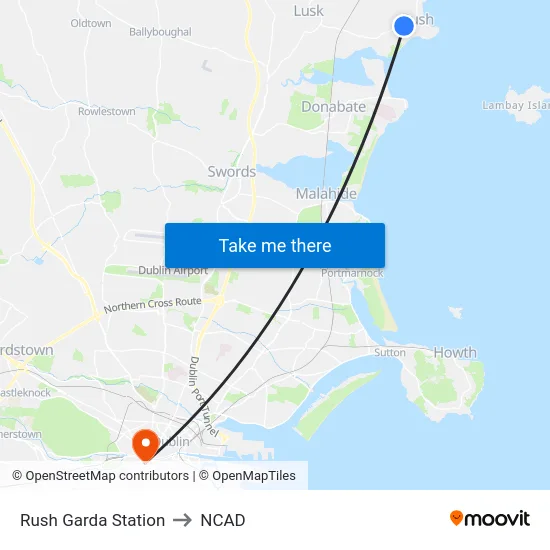 Rush Garda Station to NCAD map