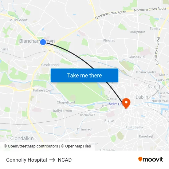 Connolly Hospital to NCAD map