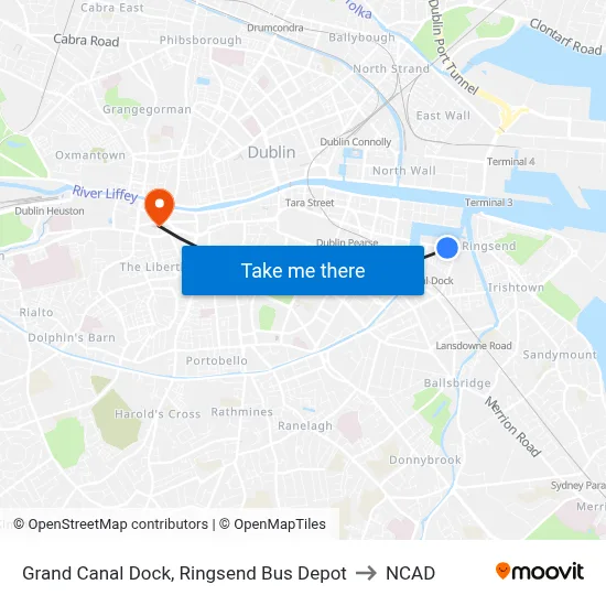 Grand Canal Dock, Ringsend Bus Depot to NCAD map