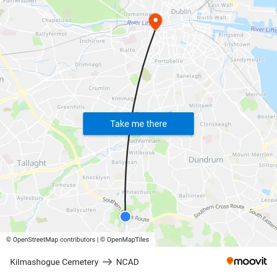 Kilmashogue Cemetery to NCAD map