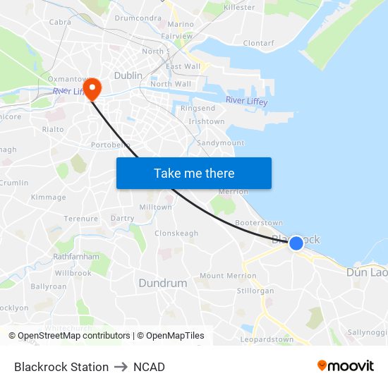 Blackrock Station to NCAD map