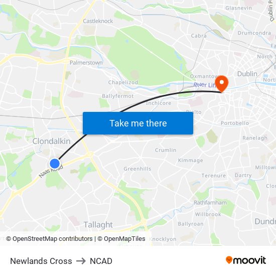 Newlands Cross to NCAD map