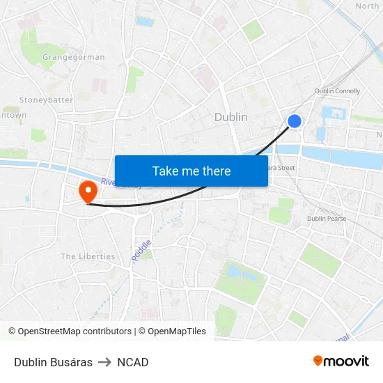 Dublin Busáras to NCAD map
