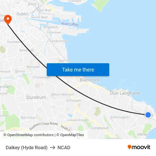 Dalkey (Hyde Road) to NCAD map