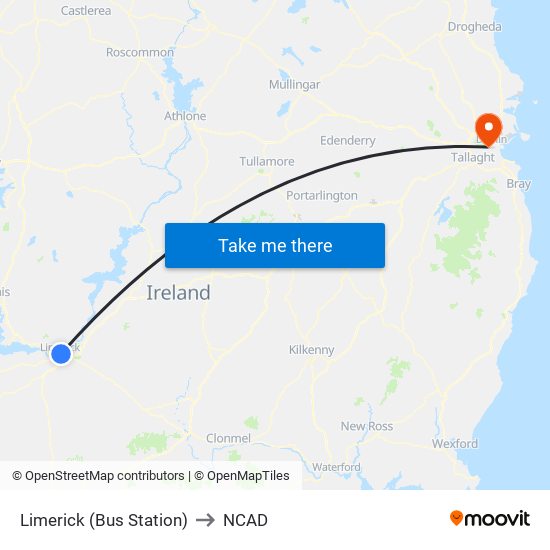 Limerick (Bus Station) to NCAD map