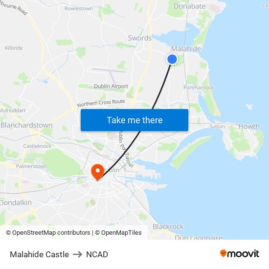 Malahide Castle to NCAD map