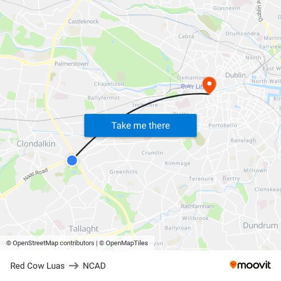 Red Cow Luas to NCAD map