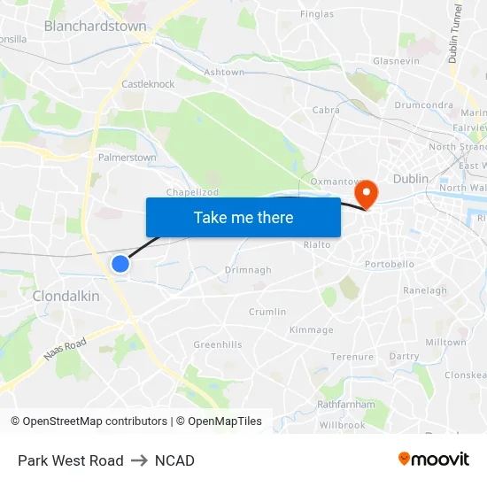 Park West Road to NCAD map