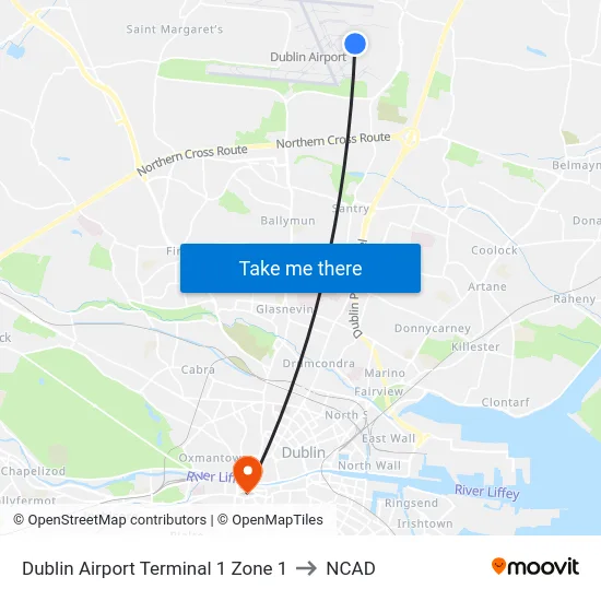 Dublin Airport Terminal 1 Zone 1 to NCAD map
