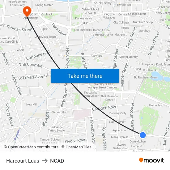 Harcourt Luas to NCAD map