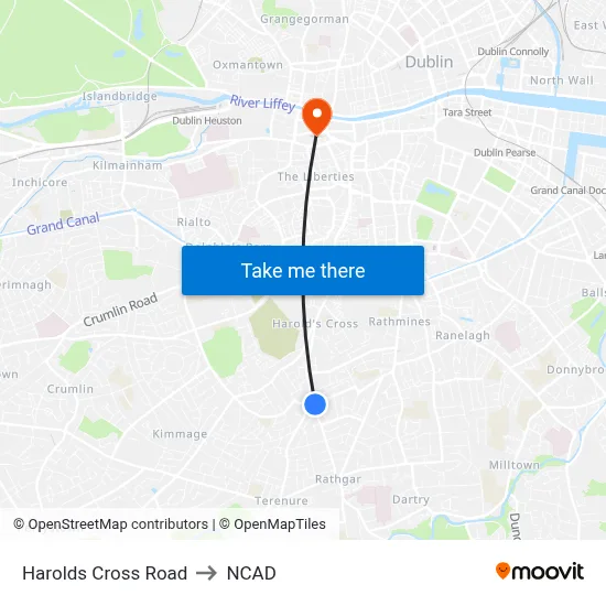 Harolds Cross Road to NCAD map