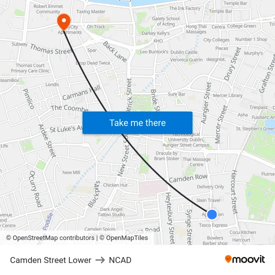 Camden Street Lower to NCAD map