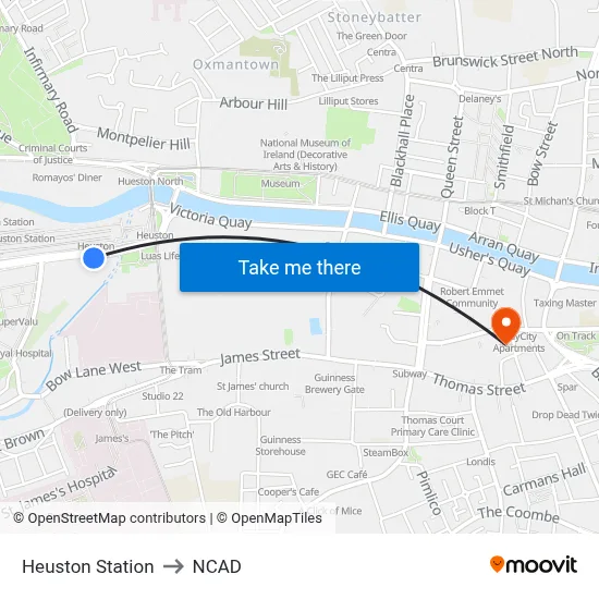Heuston Station to NCAD map