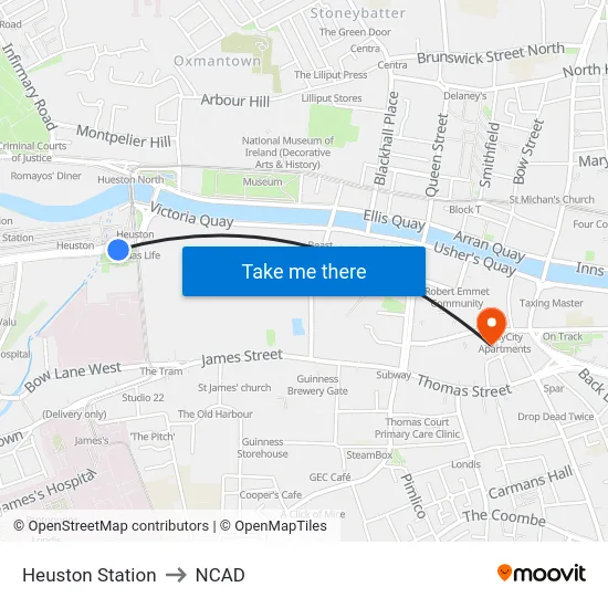 Heuston Station to NCAD map