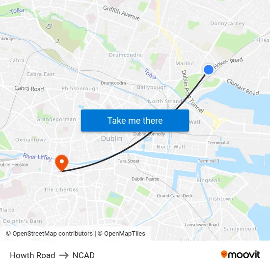 Howth Road to NCAD map