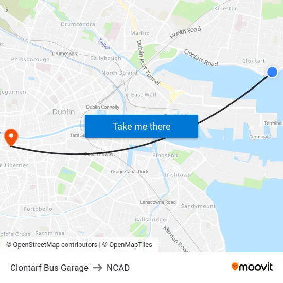 Clontarf Bus Garage to NCAD map