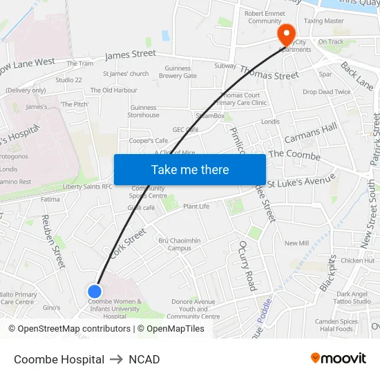Coombe Hospital to NCAD map