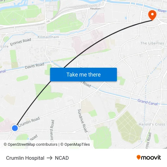 Crumlin Hospital to NCAD map