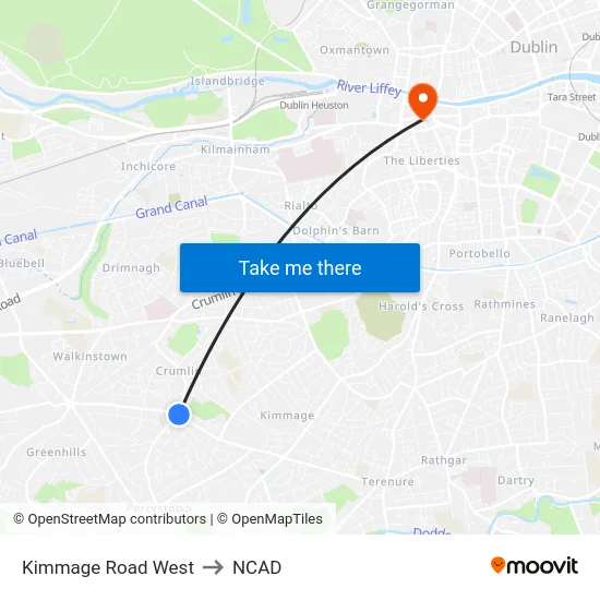 Kimmage Road West to NCAD map
