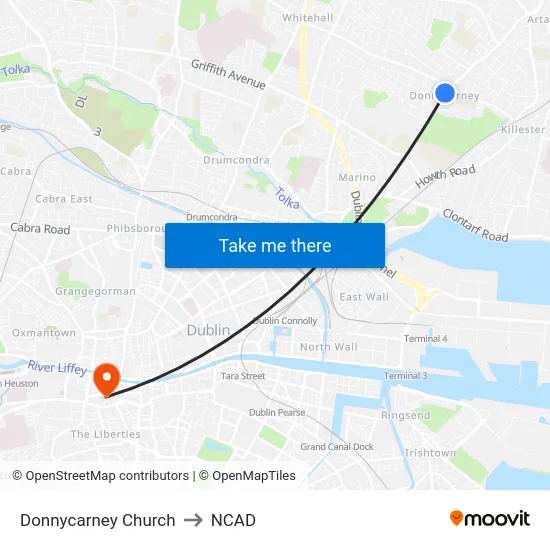 Donnycarney Church to NCAD map