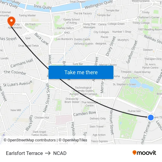 Earlsfort Terrace to NCAD map