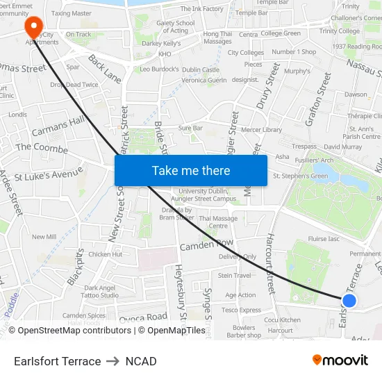Earlsfort Terrace to NCAD map