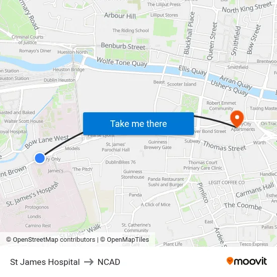 St James Hospital to NCAD map