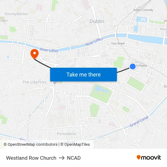Westland Row Church to NCAD map