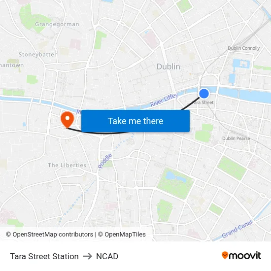 Tara Street Station to NCAD map