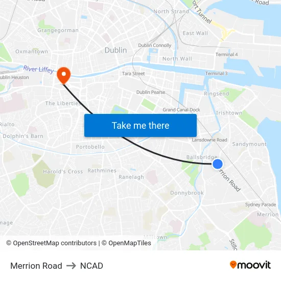 Merrion Road to NCAD map