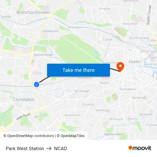 Park West Station to NCAD map