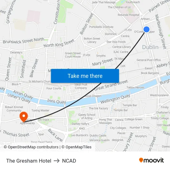 The Gresham Hotel to NCAD map