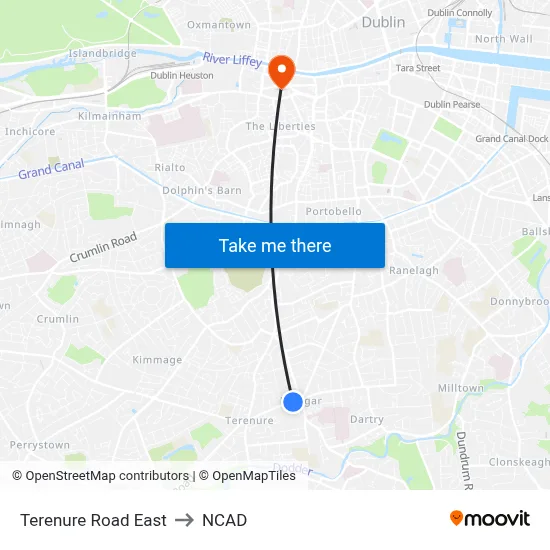 Terenure Road East to NCAD map