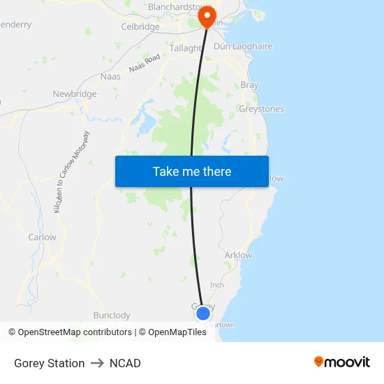 Gorey Station to NCAD map