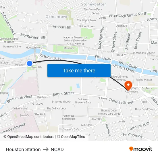 Heuston Station to NCAD map