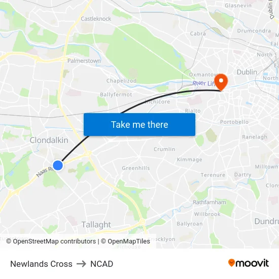 Newlands Cross to NCAD map
