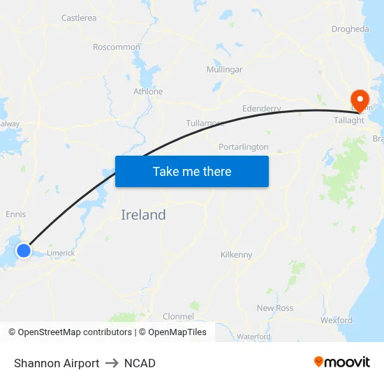 Shannon Airport to NCAD map