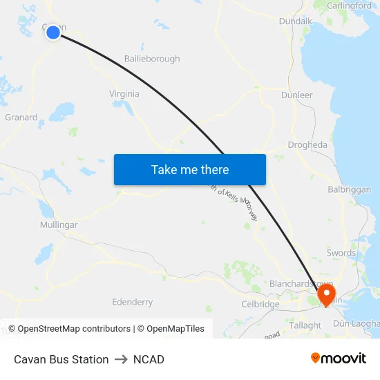 Cavan Bus Station to NCAD map