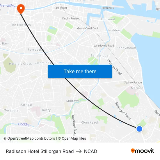 Radisson Hotel Stillorgan Road to NCAD map