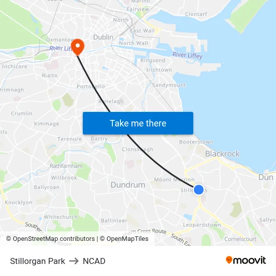 Stillorgan Park to NCAD map