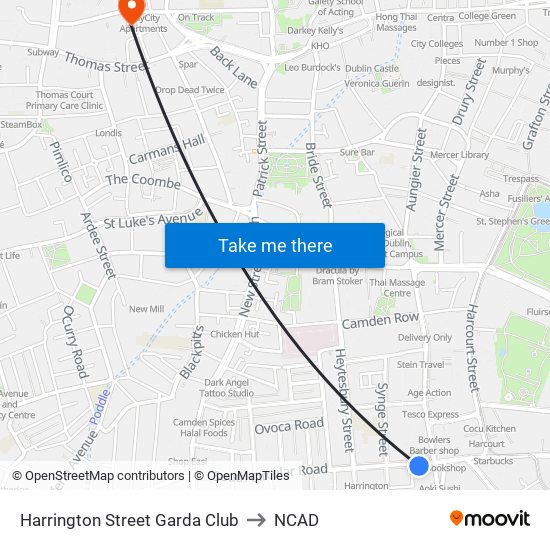 Harrington Street Garda Club to NCAD map