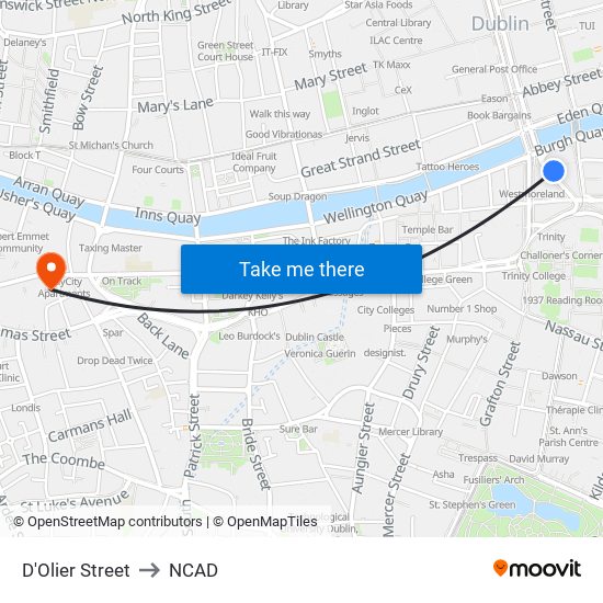 D'Olier Street to NCAD map