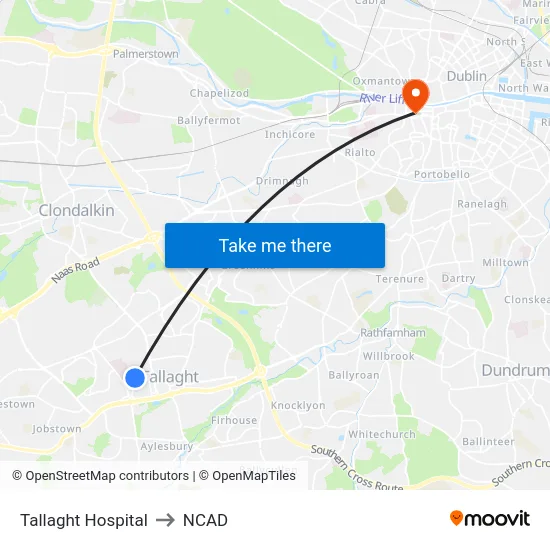 Tallaght Hospital to NCAD map