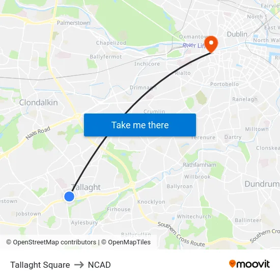 Tallaght Square to NCAD map