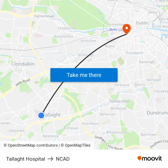 Tallaght Hospital to NCAD map