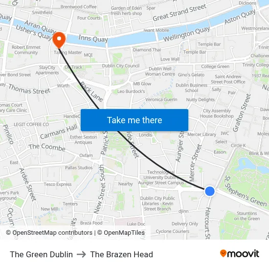 The Green Dublin to The Brazen Head map