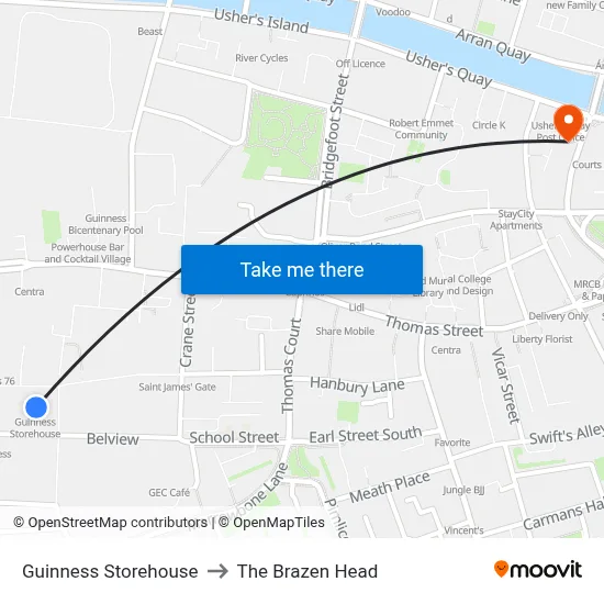 Guinness Storehouse to The Brazen Head map