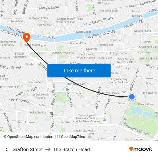 51 Grafton Street to The Brazen Head map