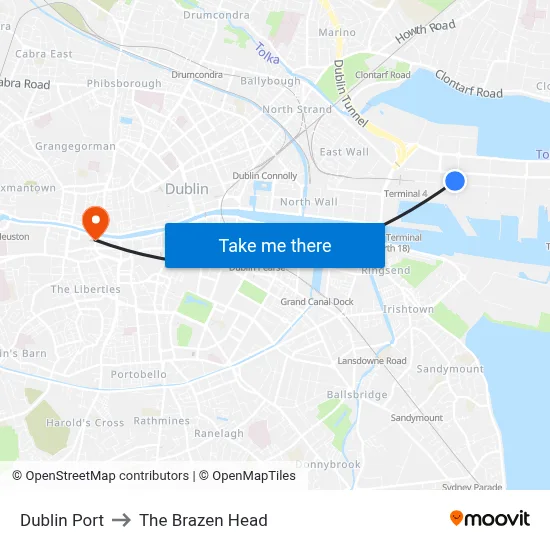 Dublin Port to The Brazen Head map
