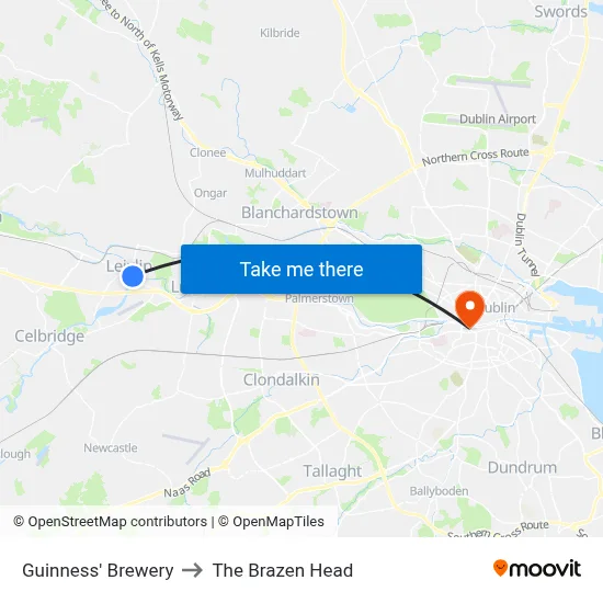 Guinness' Brewery to The Brazen Head map